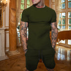 Men's slim Jersey set with round neck shirt and elastic drawstring shorts