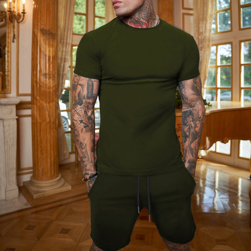 Men's slim Jersey set with round neck shirt and elastic drawstring shorts