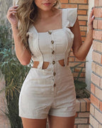 Women's Fitted Playsuit with Ruffle Details and Button Placket