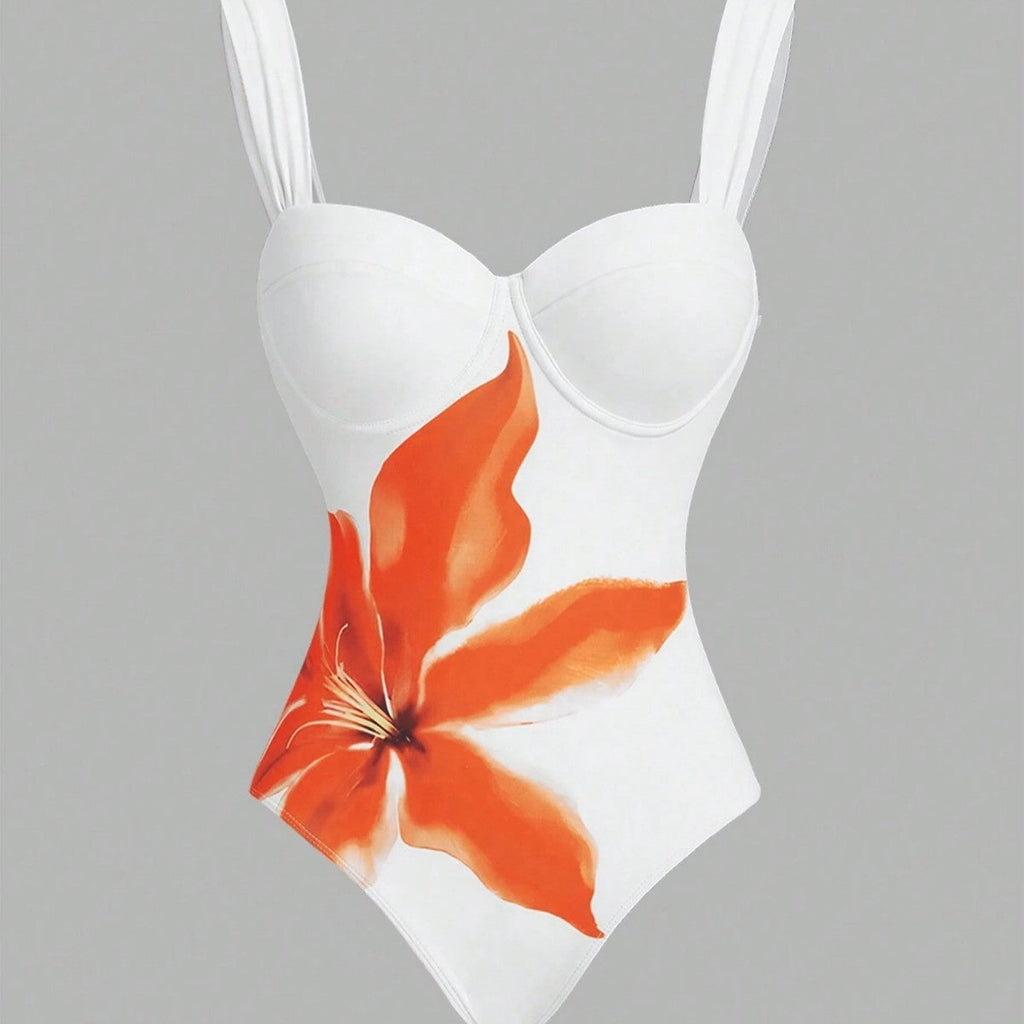 Women's Swimsuit with Elegant Floral Design and Matching Wrap Skirt