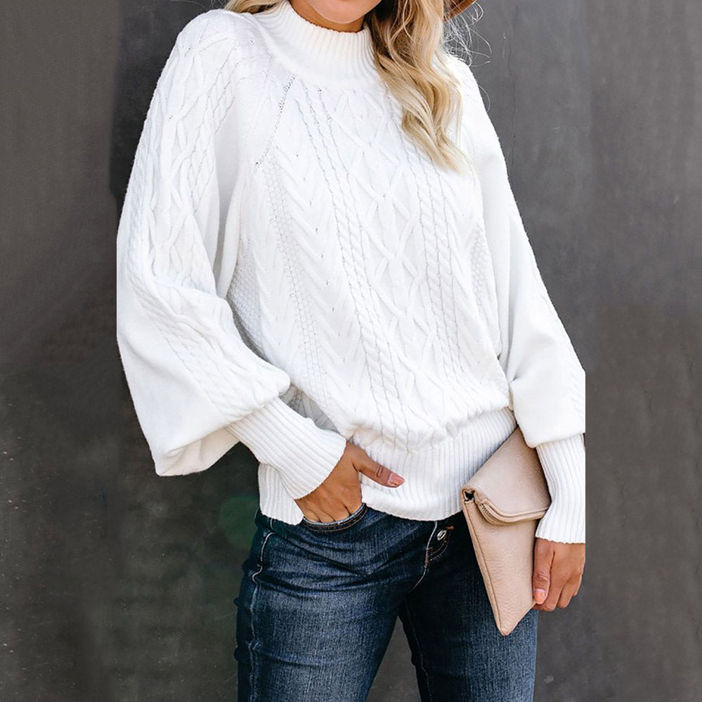 Women's Chunky Knit Sweater with High Neck and Casual Balloon Sleeves