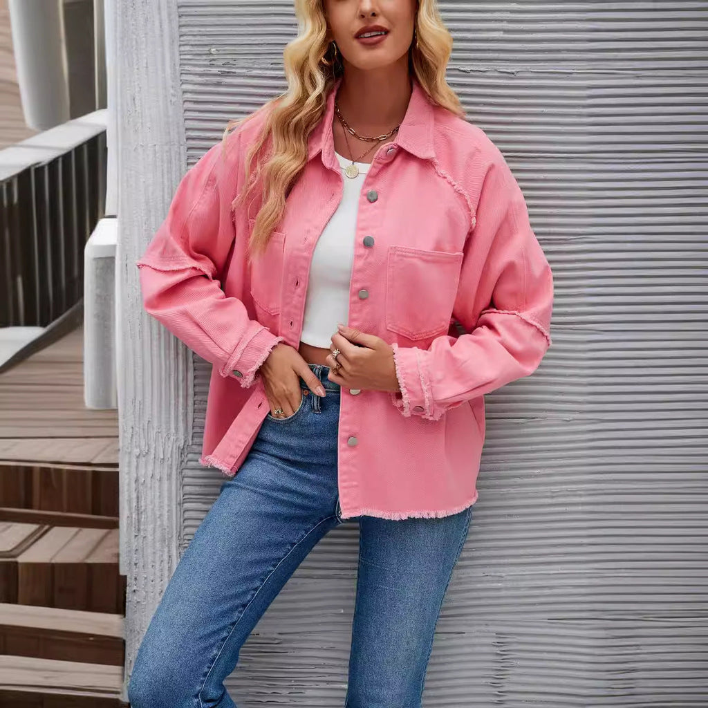 Women's Denim Jacket with Relaxed Fit and Frayed Details