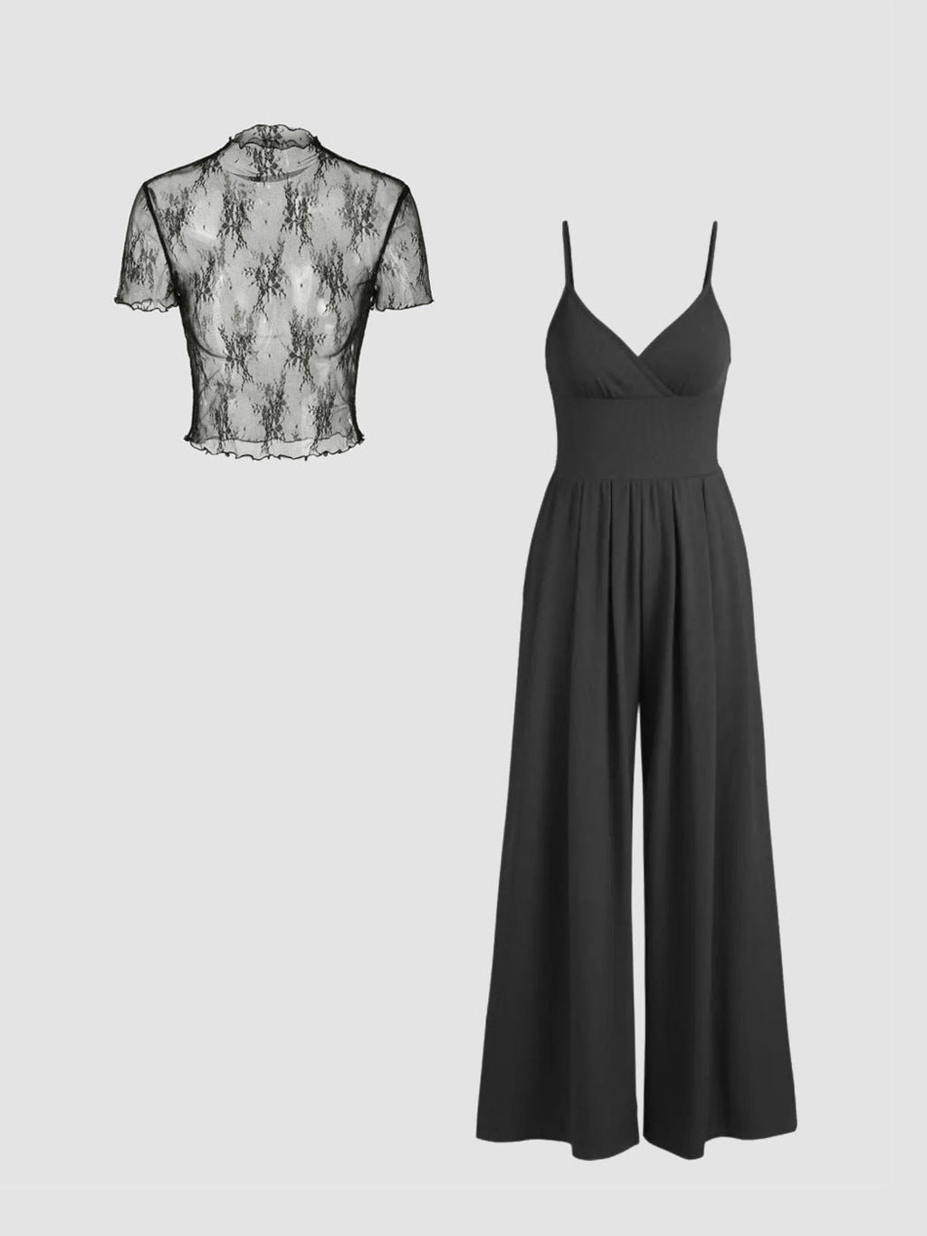 Women's Elegant V-Neck Jumpsuit with Sheer Blouse
