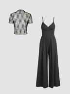 Women's Elegant V-Neck Jumpsuit with Sheer Blouse