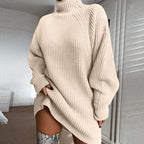 Women's Chunky Knit Sweater with High Collar and Asymmetrical Hem