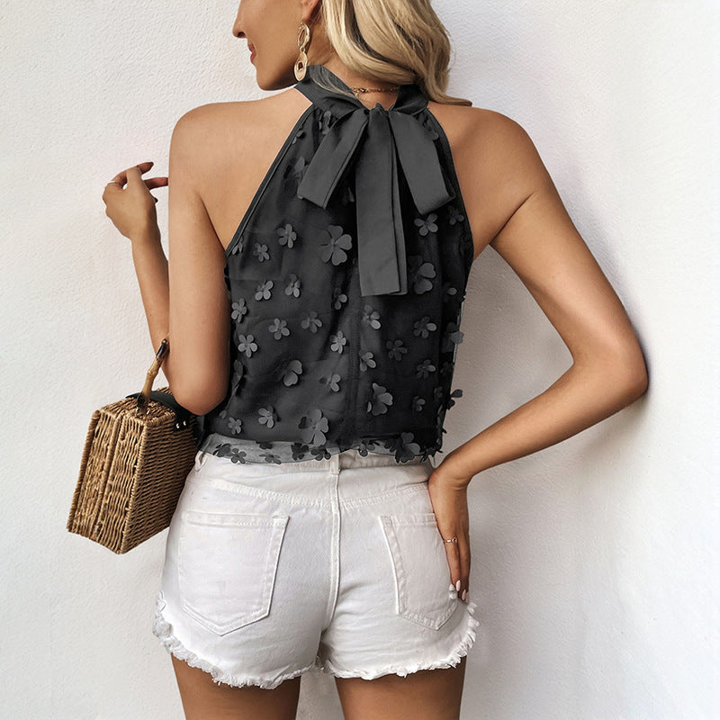 Women's Blouse Shirt with Fashionable Stand-Up Collar and Floral 3D Design