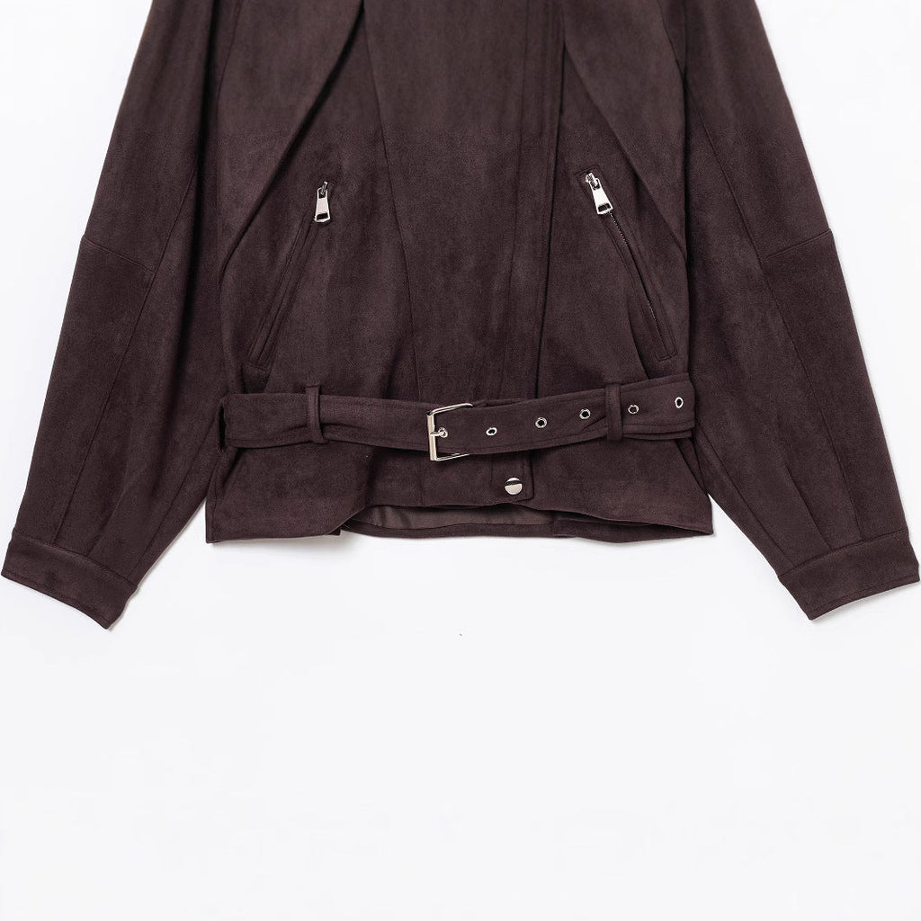 Women's Elegant Suede-Look Jacket with Fashionable Buckles and Practical Pockets
