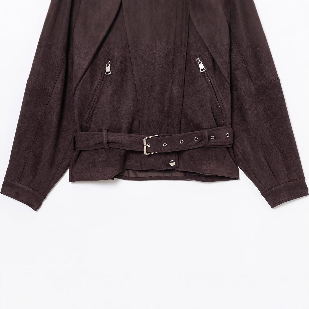Women's Elegant Suede-Look Jacket with Fashionable Buckles and Practical Pockets