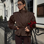 Women's Elegant Utility Jacket with High Collar and Waist Belt