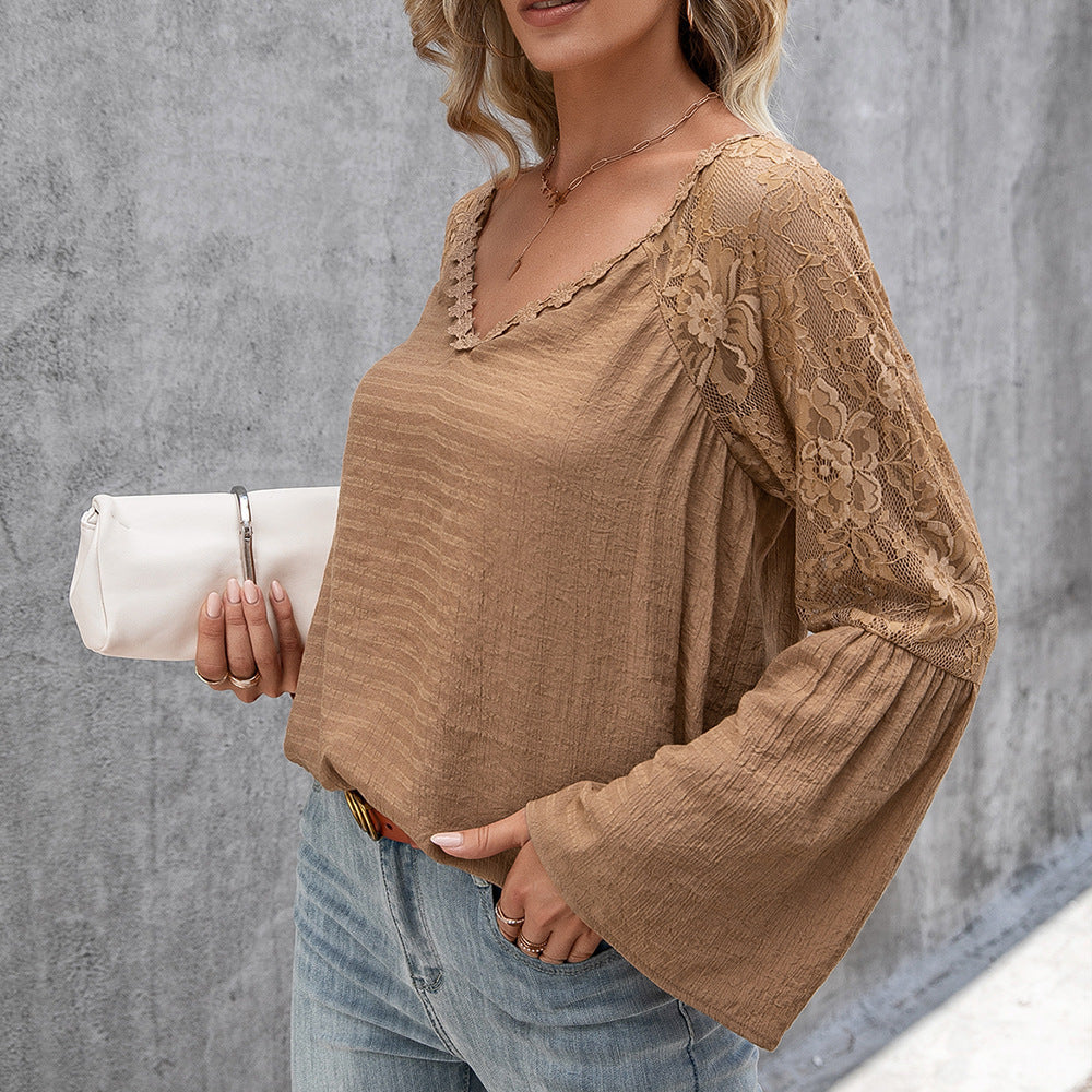 Women's Blouse with Sheer Lace Sleeves and V-Neck