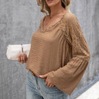 Women's Blouse with Sheer Lace Sleeves and V-Neck