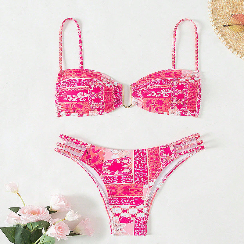 Women's Bandeau Bikini with Refined Ruffle Details and Elegant Pattern