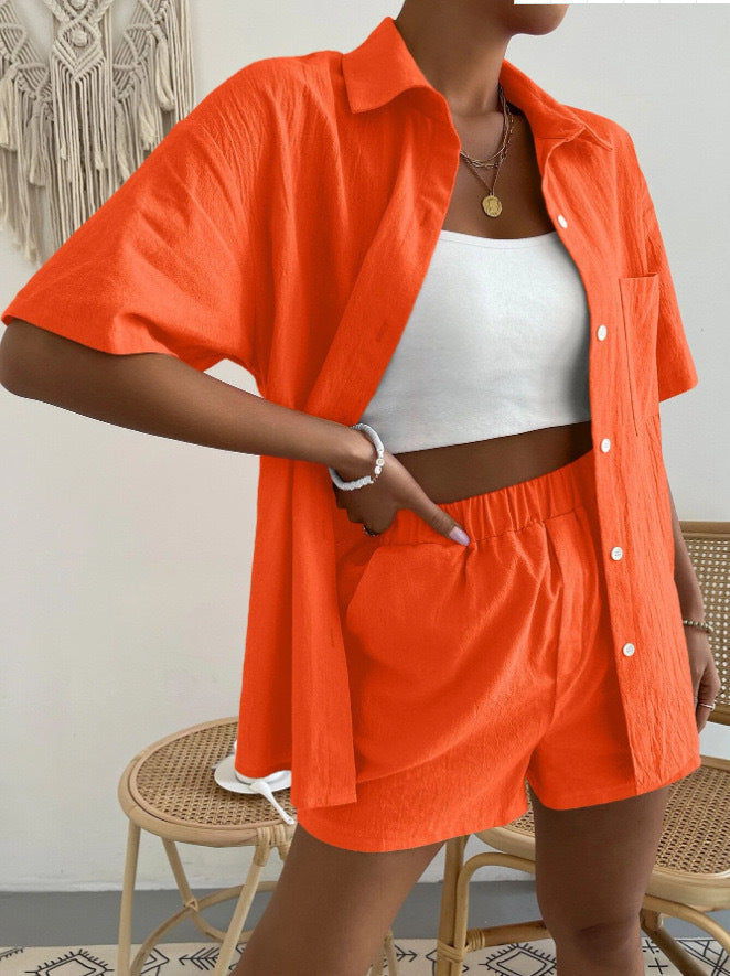 Women's Lightweight Linen Loungewear Set with Chest Pocket