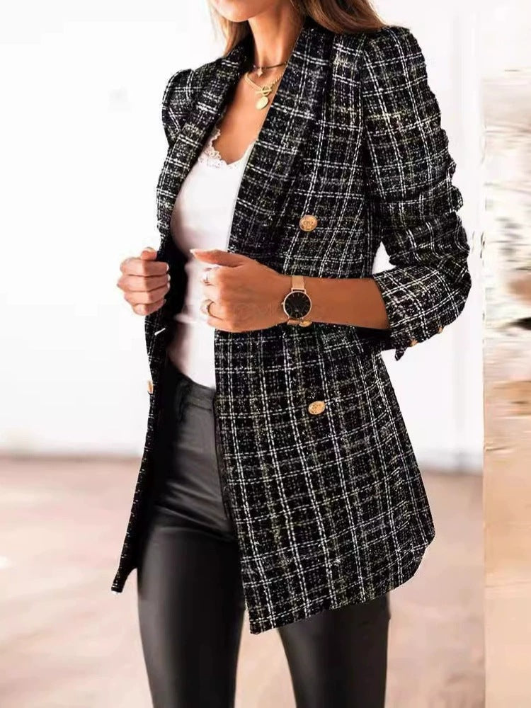 Women's Elegant Tweed Blazer with Double-Button Row and Textured Finish