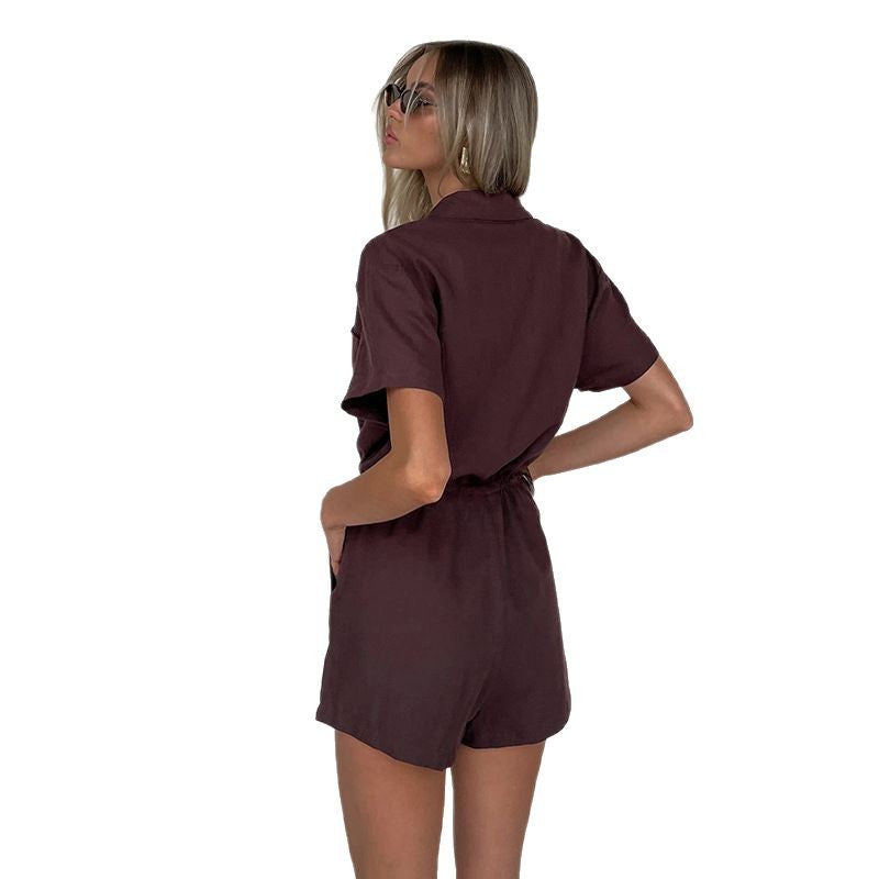 Women's Casual Short-Sleeve Jumpsuit with Waist Detail
