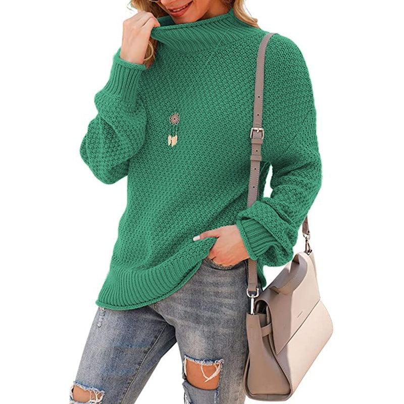 Women's Chunky Knit Sweater with High Collar and Textured Surface