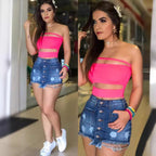 Women's Denim Skirt with Button Closure and Destroyed Details