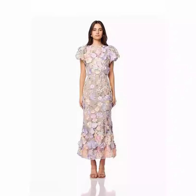 Women's Floral Dress with 3D Flower Appliqués