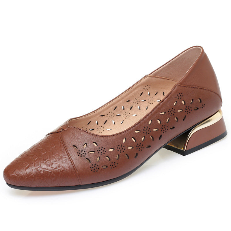 Women's Ballet Flats with Decorative Cut-Out Design and Block Heel