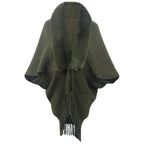 Women's Luxurious Knit Poncho with Faux Fur Collar and Fringe