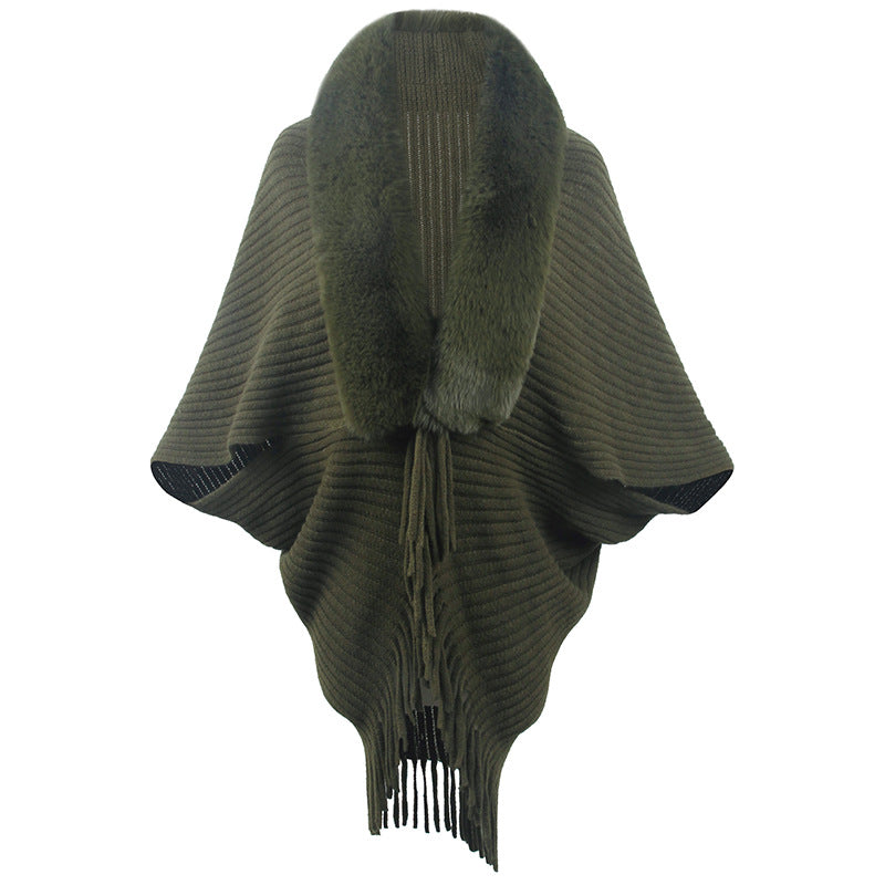 Women's Luxurious Knit Poncho with Faux Fur Collar and Fringe