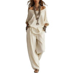 Women's Casual Lightweight Lounge Set with Off-the-Shoulder Neckline and Palazzo Pants
