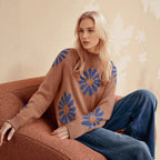 Women's Colorful Knit Sweater with Floral Pattern
