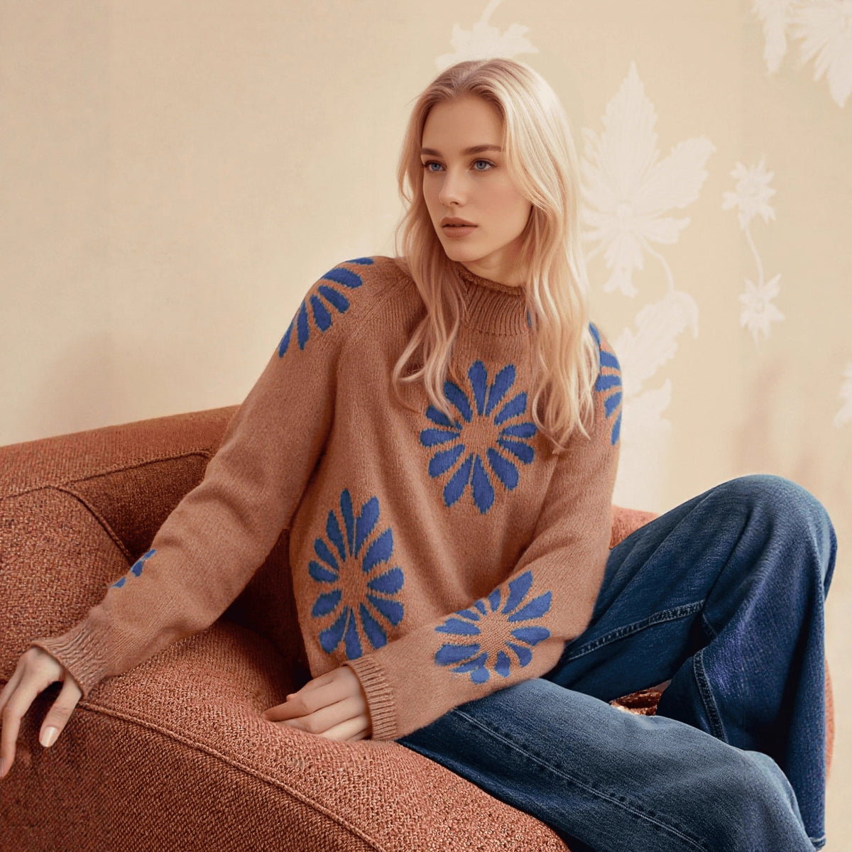 Women's Colorful Knit Sweater with Floral Pattern