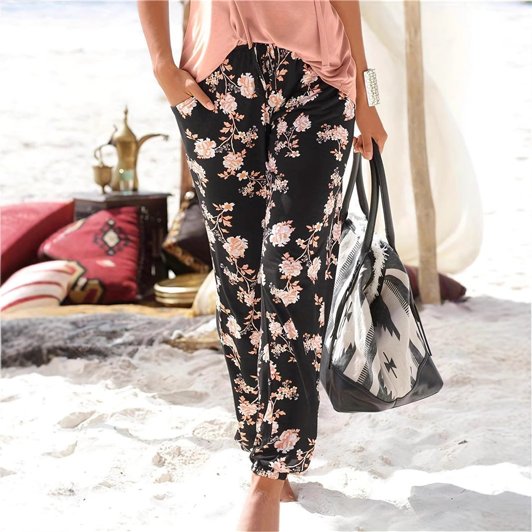 Women's Comfortable Floral Jersey Pants with Elastic Waistband