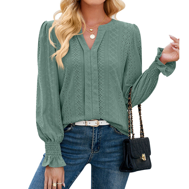 Women's Blouse with Elegant Eyelet Pattern and Casual Cut