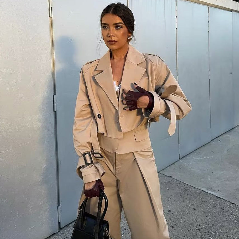 Women's Cropped Trench Jacket with Double Button Details