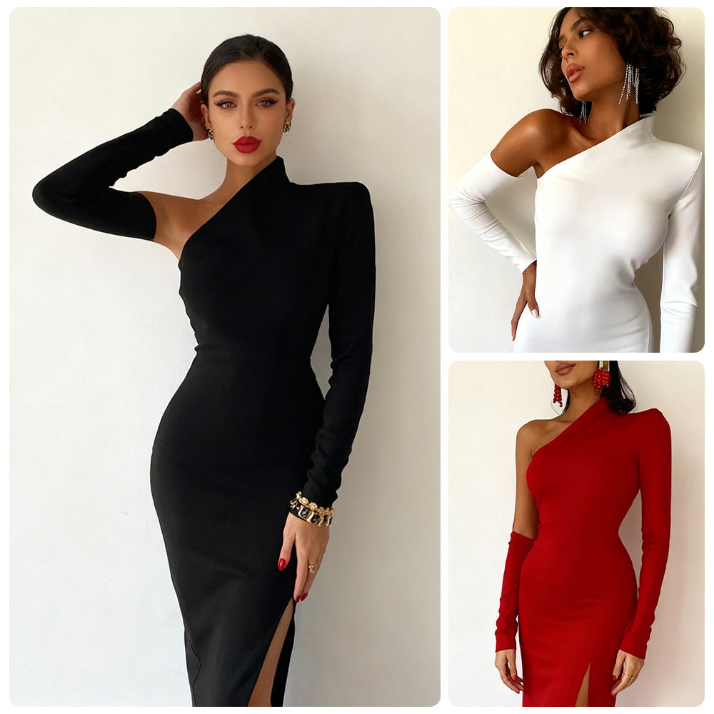 Elegant Asymmetrical Evening Dress with High Slit and Long Sleeve