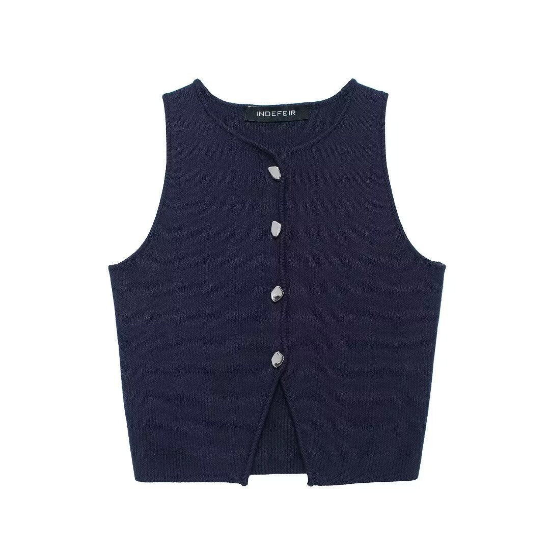 Women's Sleeveless Knit Top with Button Details