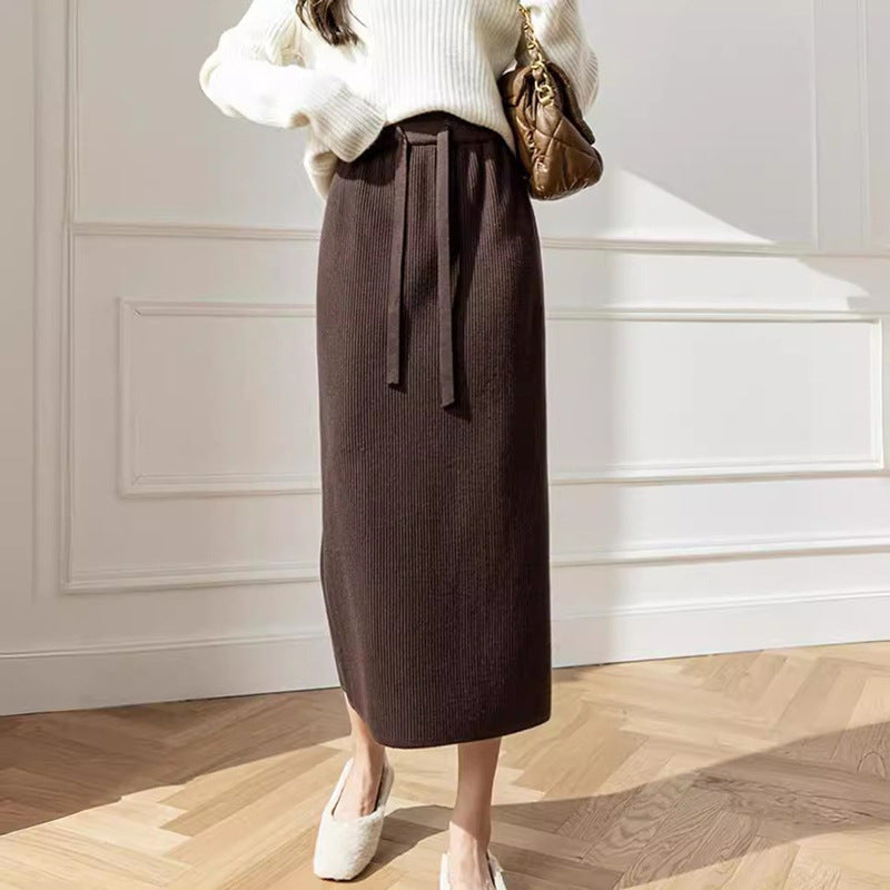 Women's Midi Skirt with Waist Tie and Ribbed Design