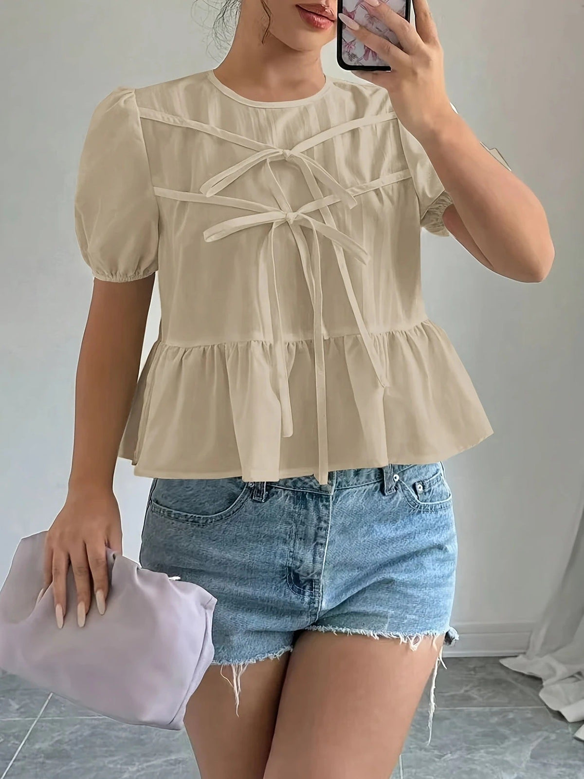Women's Blouse with Puff Sleeves and Ruffle Design