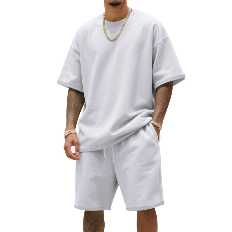 Men's relaxed jersey set with extended round neck t-shirt and elastic drawstring shorts