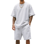 Men's relaxed jersey set with extended round neck t-shirt and elastic drawstring shorts