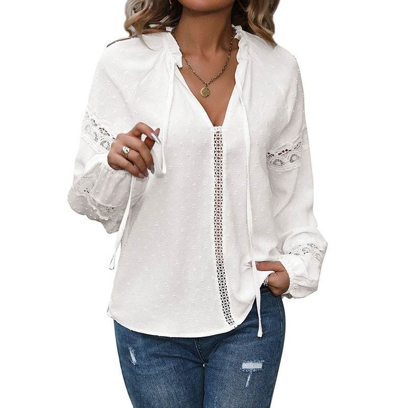 Women's Blouse with Lace Sleeves and Lace-Up Detail