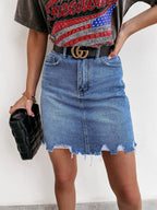 Women's High-Waisted Denim Skirt with Frayed Hem