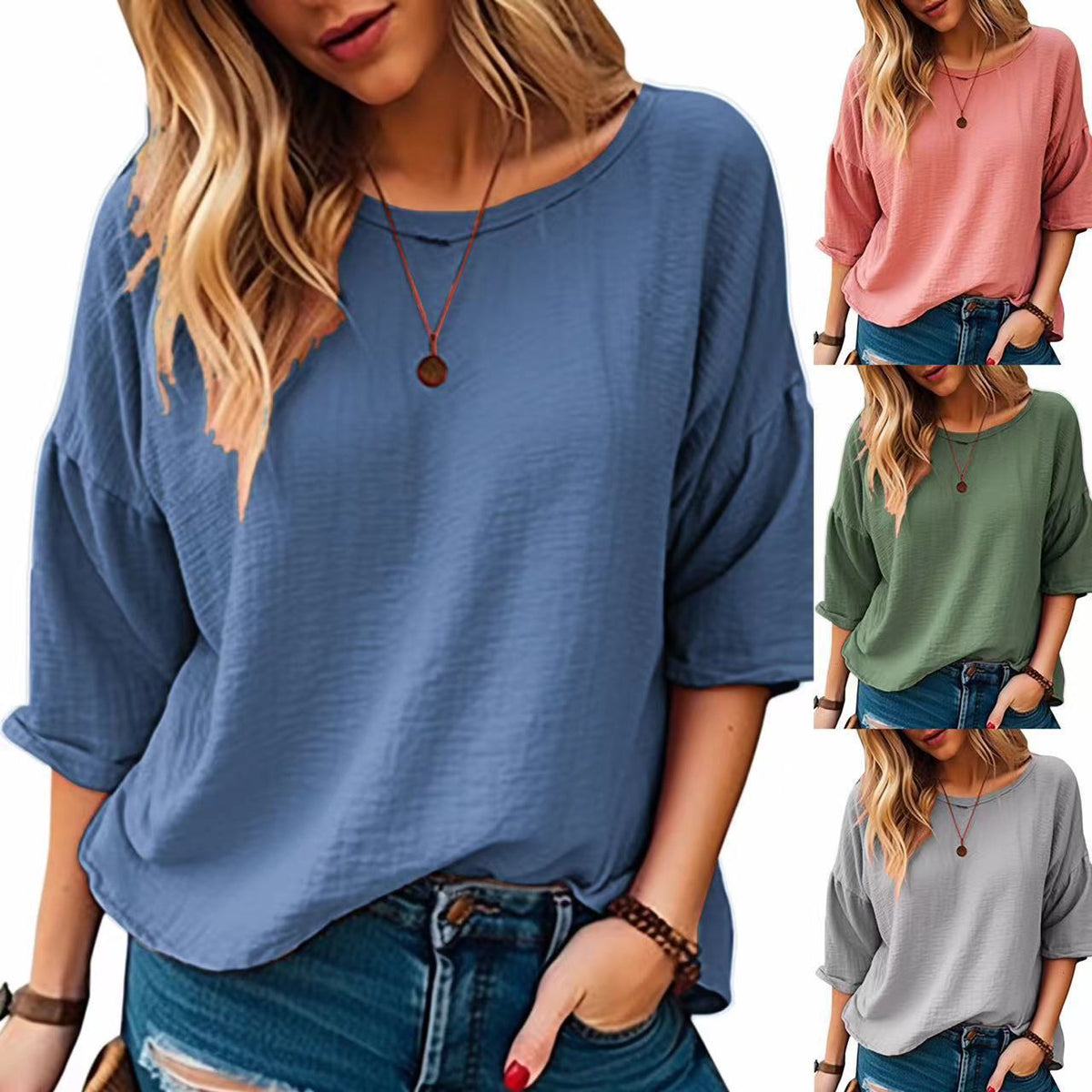 Women's Casual Oversized Shirt with Wide Round Neckline