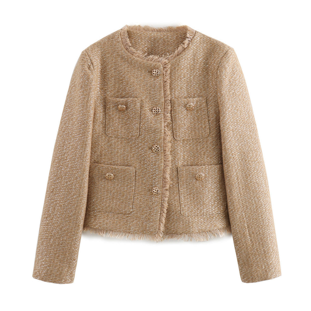 Elegant Tweed Jacket with Fringes and Decorative Buttons
