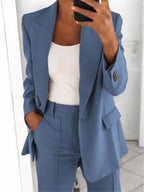 Women's Office-Ready Pantsuit Set with Wide Trousers and Tailored Blazer