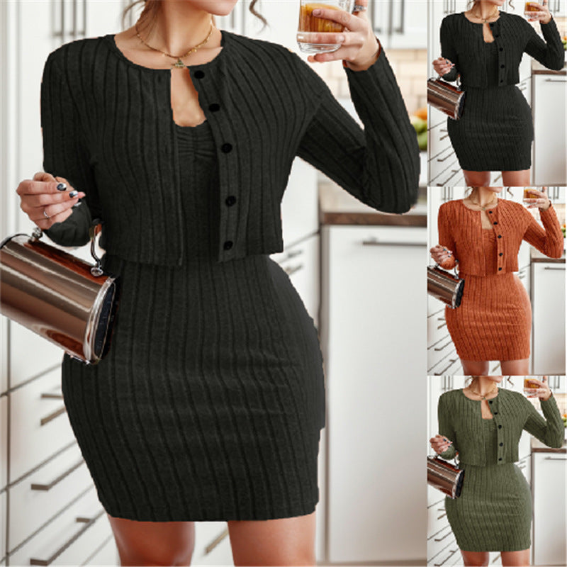 Women's Cardigan and Dress Set in Ribbed Knit Design