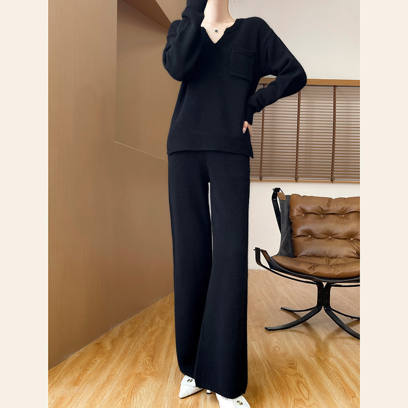 Women's Cozy Knit Ensemble with Wide Sweater and Wide-Leg Pants