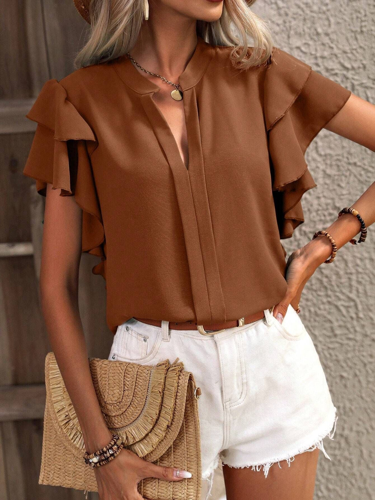 Women's Blouse with Ruffle Details and Elegant V-Neck