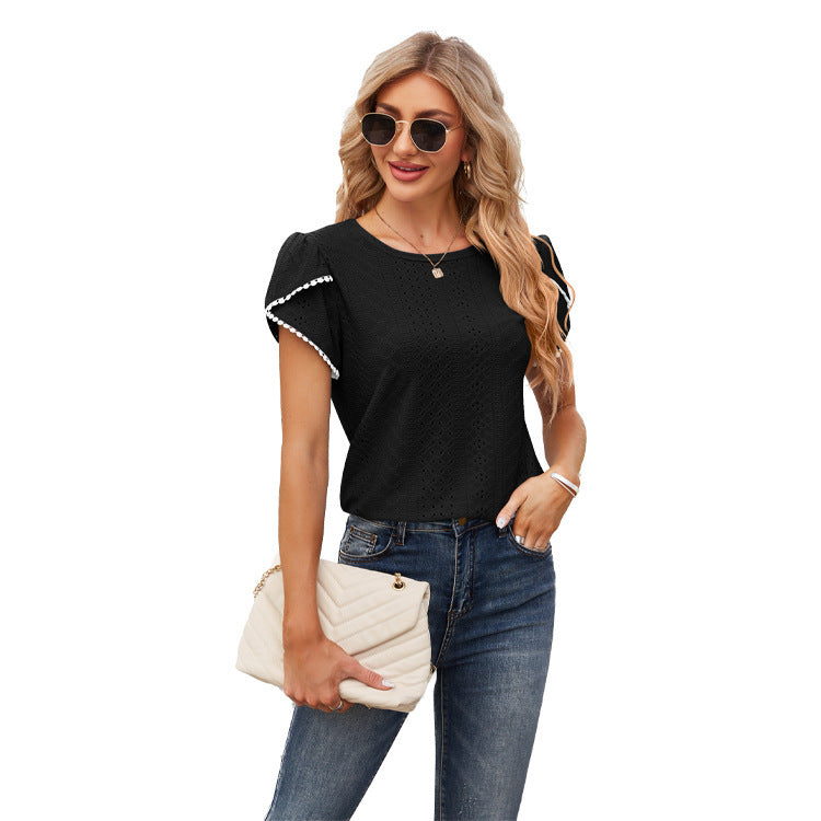 Women's Elegant Blouse with Ruffled Sleeves and Eyelet Pattern