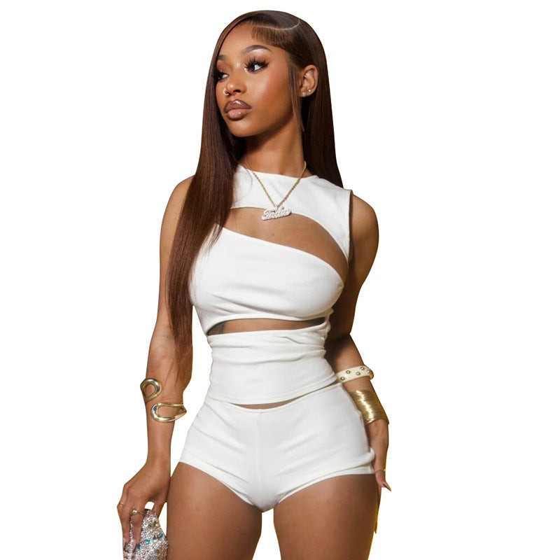 Women's Fashionable Top with Cut-Out Details and Matching Shorts