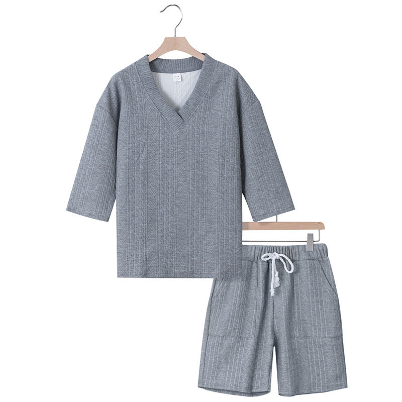 Unisex Casual Lounge Set with V-Neck Top and Drawstring Shorts