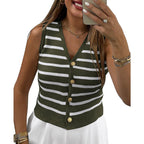 Women's Sleeveless Knit Vest with Button Details and Striped Pattern