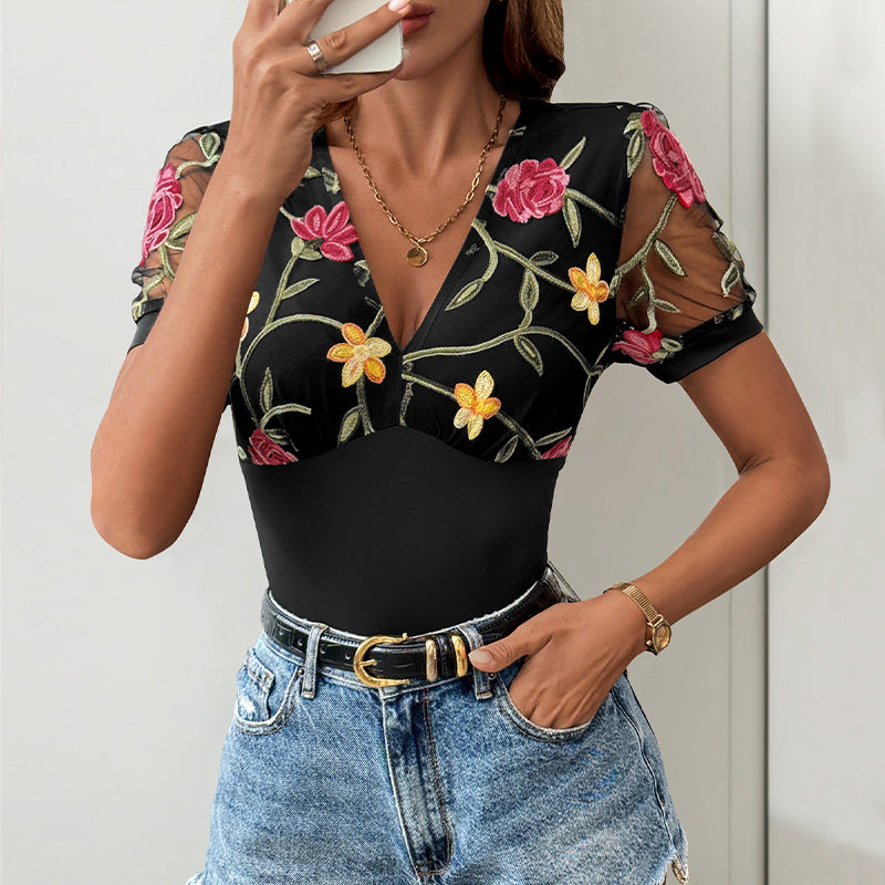 Women's Bodysuit with Floral Lace Trim and V-Neck